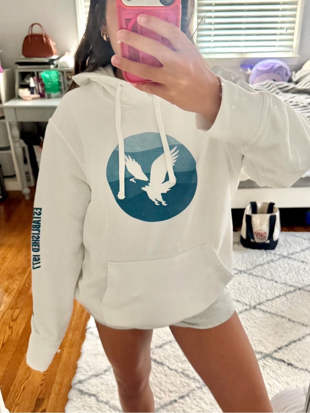 American Eagle White Hoodie with Label Detail - Size M